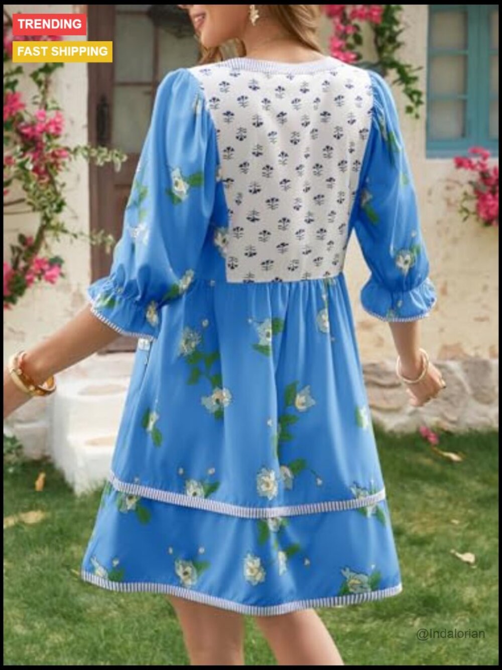 Floral Mini Dress with Puff Sleeves, V-Neck, and Patchwork Detail - Picture 3 of 7